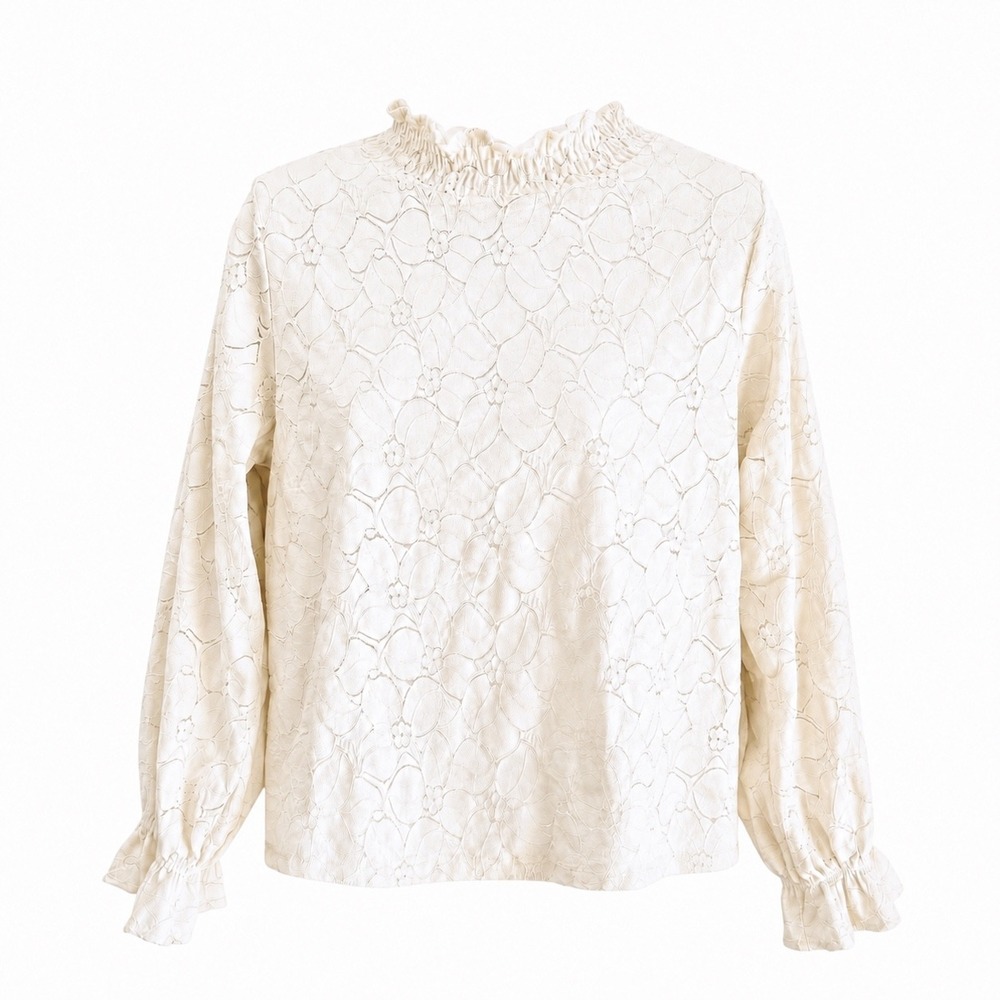 Cream CRLacia Blouse Womens XS Cream Lace Smocked Mock Neck Long Sleeve 10607946